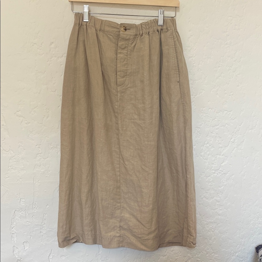 Classic Taupe Linen Midi Skirt with Elasticized Waist